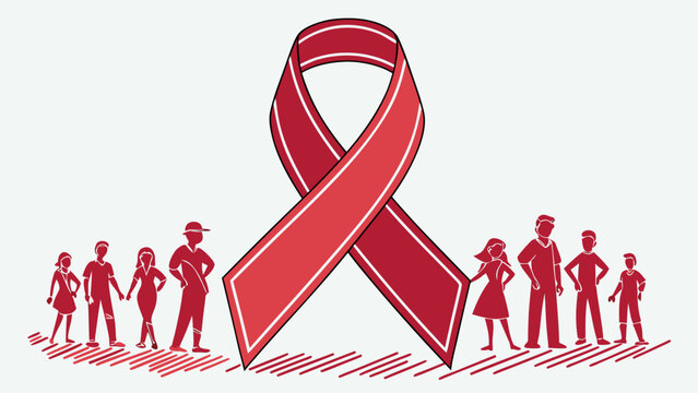 World AIDS Day concept with big red ribbon and people silhouettes, vector illustration