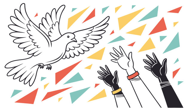 Human Rights Day concept with flying dove of peace and raised reaching hands, vector illustration