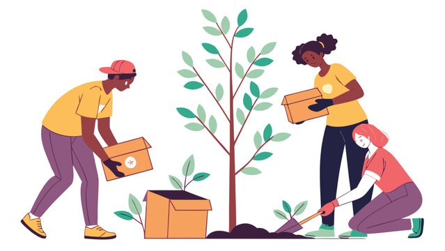 Group of diverse volunteers planting tree and carrying donation boxes, environmental charity concept vector illustration