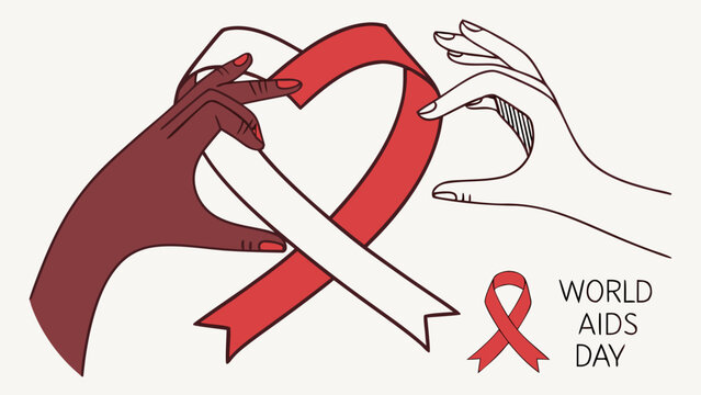 World AIDS Day concept with hands holding red awareness ribbon shaped as a heart, vector illustration