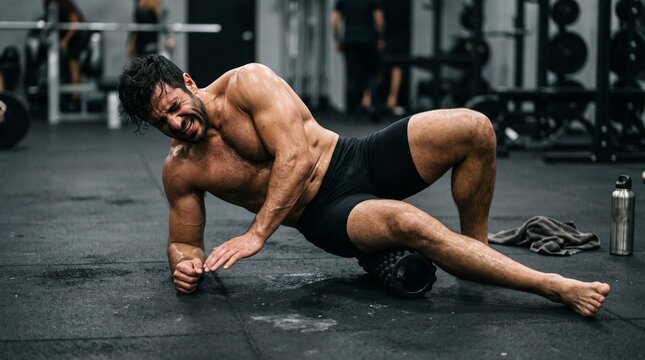 Athletic muscular man foam rolling his leg for muscle recovery in gym