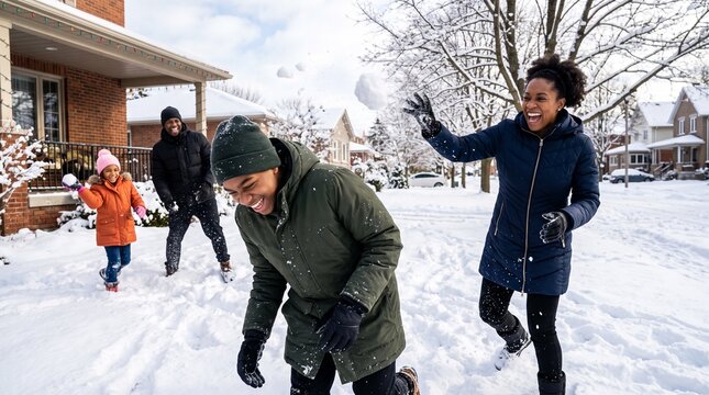Happy Black family having a snowball fight in winter neighborhood.