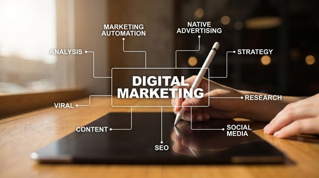 Person writing digital marketing strategy plan on a tablet screen with text overlays social media native advertising business research web strategy digital growth data analysi