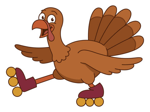 A funny cartoon turkey bird wearing roller skates and having fun on a white background