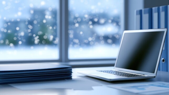 Sleek laptop on desk by blurred window, folders stacked neatly; serene snowy scene outside