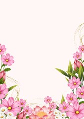 Illustration pink flowers frame seamless border, romantic pastel illustration for wedding stationary, greetings, wallpaper, fashion, posters. © Anna