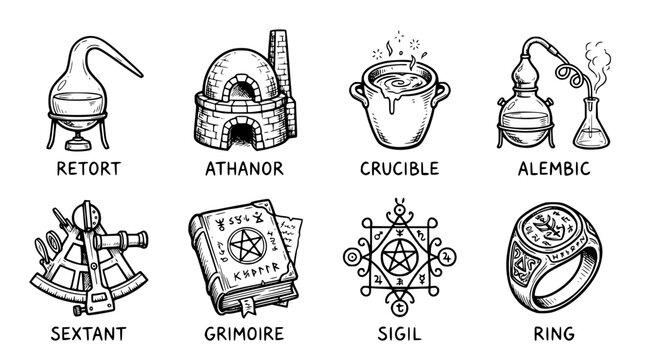 Hand drawn alchemist occult object icons retort athanor crucible alembic sextant grimoire sigil ring, black ink sketch vector illustration
