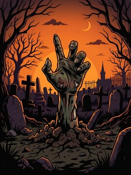 Spooky zombie hand rising from graveyard soil at sunset
