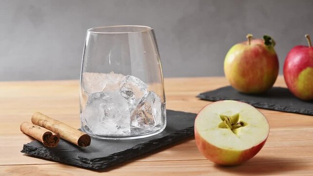 Ice cubes drop into empty glass beside apples and cinnamon before apple cider cold brew tonic prep.