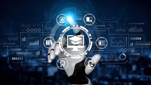 Futuristic Robot Hand Interacting with Digital Education Icons and Graphs Against a Dark Background for Technology and Learning Concept. Entropy.