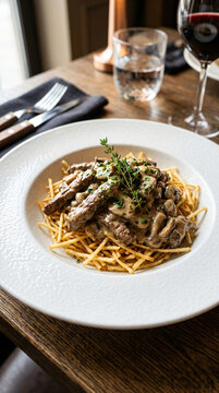 Delicious beef stroganoff served with crispy shoestring potatoes in a white bowl.