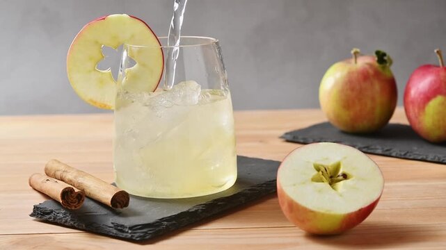 Tonic water pours over apple cider and ice in glass beside apples and cinnamon for cold brew tonic.