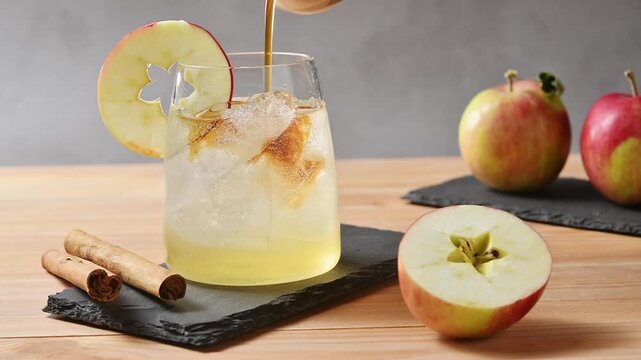Cold brew coffee pours over apple cider tonic and ice, creating layered drink beside fresh apples.