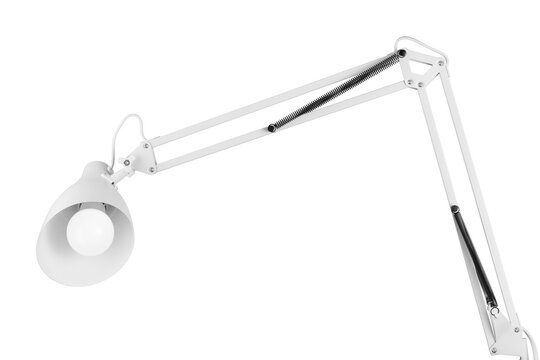 Modern white metal desk lamp providing adjustable illumination for work and study isolated. Transparent PNG image.