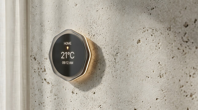 Photorealistic product mockup for a futuristic smart home controller, featuring a minimal float-mount frosted glass tile floating 2cm above a micro-textured matte limestone wall. 