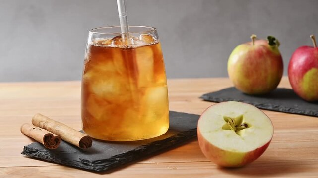 Glass straw stirs apple cider cold brew tonic, blending iced coffee layers with ice in close view.