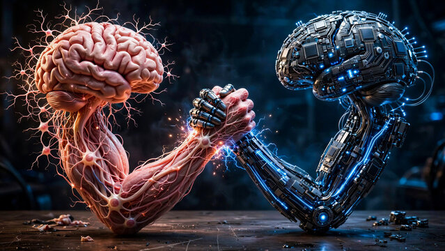 Conceptual image of a biological human brain arm wrestling a cybernetic robotic AI brain. Represents artificial intelligence versus humanity, technological singularity, and the future of science.