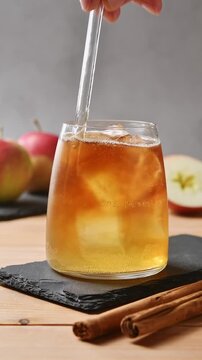 Hand stirs apple cider cold brew tonic with glass straw, blending coffee and cider layers over ice.