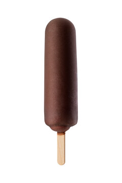 Chocolate covered ice cream bar frozen on a wooden stick, isolated. Transparent PNG image.