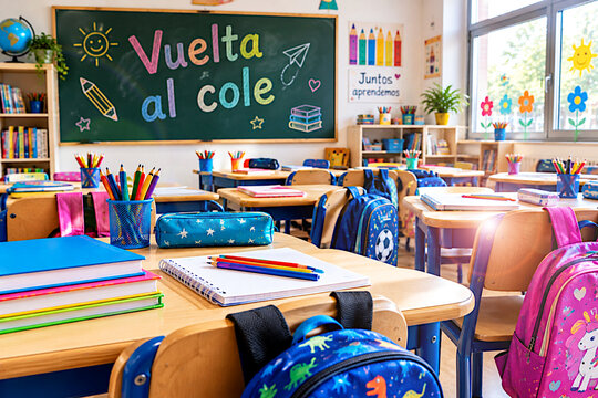 Vuelta al cole, aula, pupitre, mochila y pizarra en clase de colegio infantil con l&aacute;pices de colores, estuche y silla