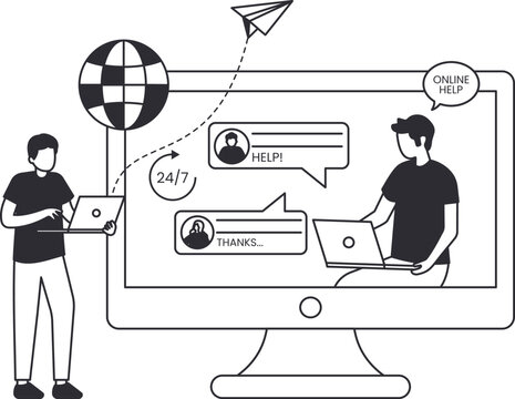 Customer support online help with live chat agent providing technical assistance. 24/7 helpdesk service for remote work problem solving and global service communication.