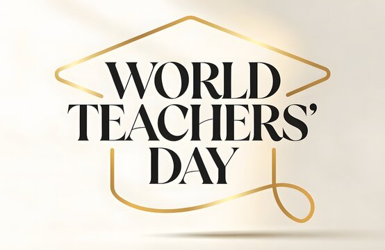 World Teachers Day elegant text design with gold outline of graduation cap style.