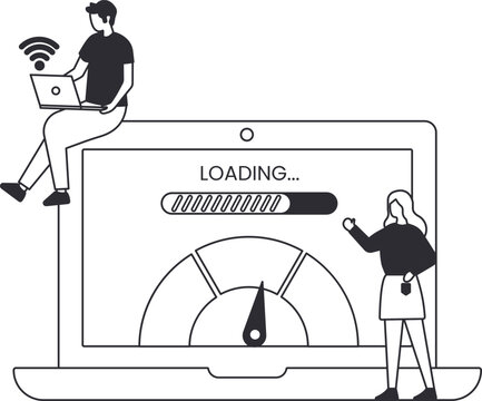 Website speed optimization page load performance test SEO analysis internet speed meter loading bar user experience improvement digital marketing teamwork concept