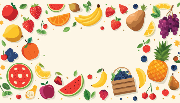 Fruit frame border with a center copy space area showing assorted healthy tropical produce and berries.