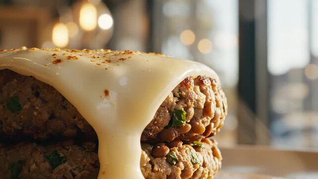 Lustrous dairy free cheese draping over stacked lentil patties, highlighted by warm cafe sunlight with visible herbs, hearty grain texture, gentle browning, and an indulgent plant based presentation