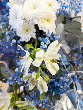 Elegant White Alstroemeria Chrysanthemums Blue Gypsophila Bouquet