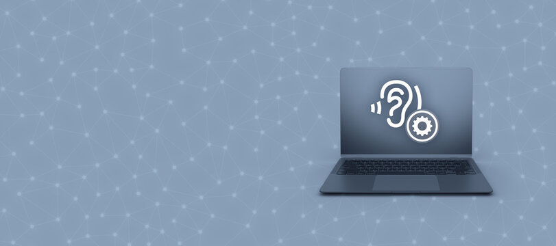 Hearing aid setup on laptop screen with copy space. Modern computer technology for accessibility and audiology settings concept for patients with hearing impairment loss.