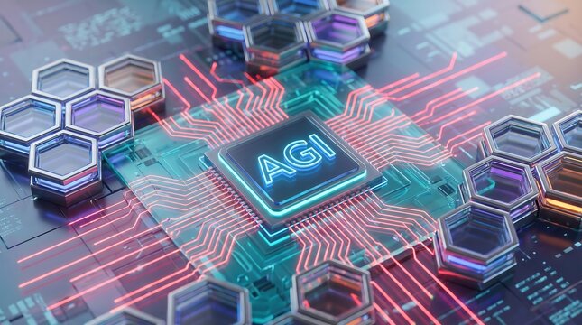 AI Chip Technology Concept With Neon Circuit Board, Futuristic Artificial Intelligence Processor And Digital Innovation