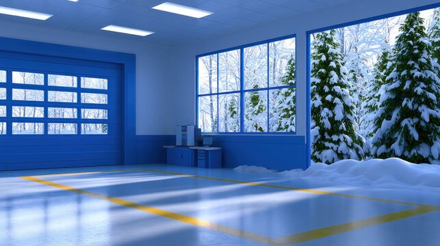 Blue-decked garage with snowy outdoor view through large windows, office area on side