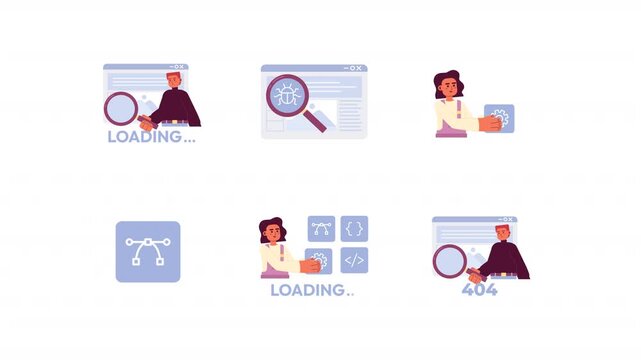 Web debugging and developer tools cartoon animation pack. Settings and coding symbols. Loading and error 404 programmer. Bug fixing animated flat 4K video collection isolated on transparent background
