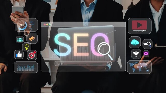 A group of professionals focuses on search engine optimization strategies using laptops, showcasing digital analytics and graphics in a modern office setting. Raster