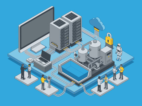 Modern Isometric of Industrial IoT Network with Servers Robots and Connected Devices on Blue with high quality professional line art symbols for modern creative design and digital branding projects