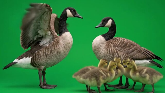 Canadian geese family with adult pair and four goslings standing on green studio background