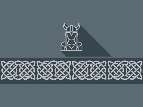 Flat gray background featuring a warrior icon and woven celtic border