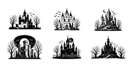 Fototapeta premium Spooky Haunted Castle Silhouette Vector Illustrations. Collection of mystical fortresses with bare trees, bats, and moon, perfect for Halloween designs or fantasy themes.