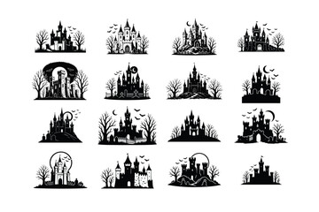 Fototapeta premium Haunted Castle Silhouette Collection, Spooky Halloween Mansion Vector Illustrations with Bare Trees and Flying Bats