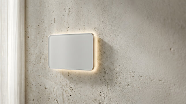 Photorealistic product mockup for a futuristic smart home controller, featuring a minimal float-mount frosted glass tile floating 2cm above a micro-textured matte limestone wall.