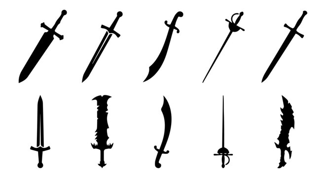 Sword dagger blade and weapon icon set with medieval fantasy combat silhouettes in vector style