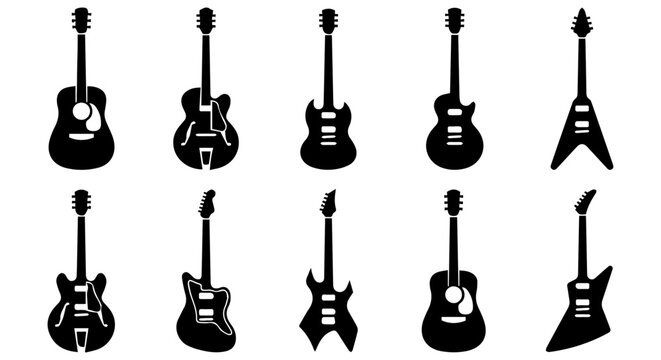 Guitar music instrument icon set with electric, acoustic, rock and string silhouettes in vector style