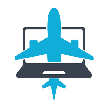Plane with laptop or computer for avian or travel industries, simple flat design vector.