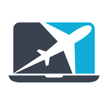 Plane with laptop or computer for avian or travel industries, simple flat design vector.