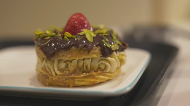 Gourmet Paris-Brest choux pastry filled with cream and fresh strawberries