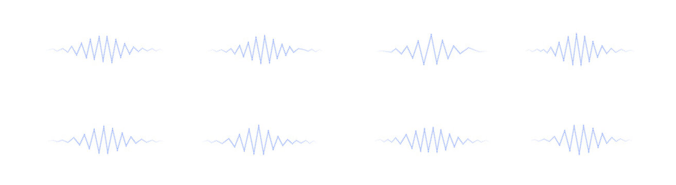 Blue dotted audio waveform patterns arranged in rows on white background with minimalist digital sound visualization