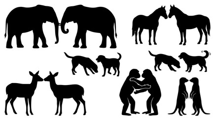 Fototapeta premium Collection of animal pairs and group silhouettes showing social interaction and companionship for wildlife and nature-themed graphic design projects isolated on white background