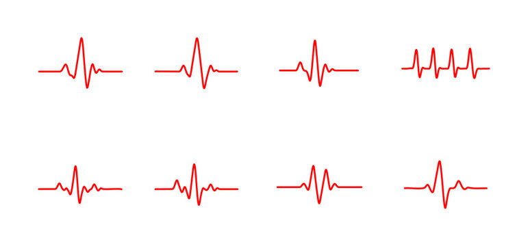 Set of red heartbeat line icons on white background showing varied pulse patterns for healthcare, monitoring, and medical design concepts