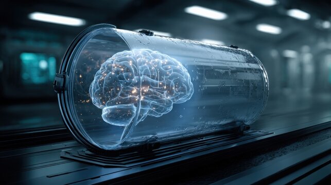 advanced artificial intelligence brain floating inside a futuristic transparent cylindrical capsule, complex internal circuitry and glowing neural